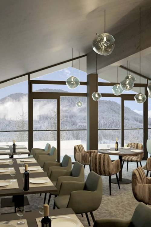 Presentation of the restaurant in the TRIFORÊT alpin.resort - with elegant design and panoramic views of the mountains.