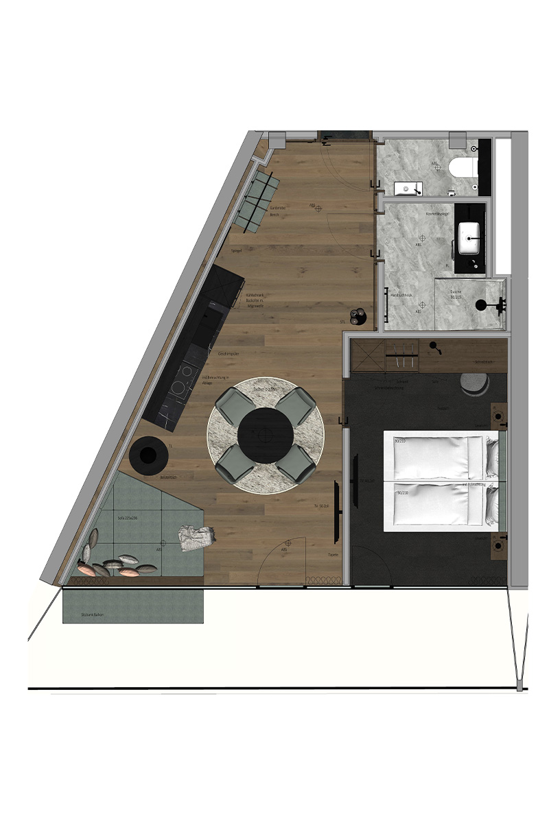 Floor plan of the 1 Bedroom Superior Suite “Almkogel” at the Triforêt alpin.resort in Hinterstoder with bedroom.