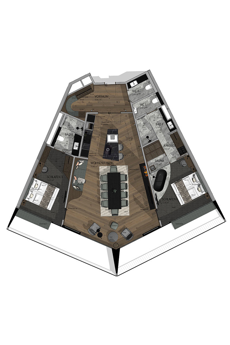 Floor plan of the 2 Bedroom Deluxe Penthouse Suite “Großer Priel” at the Triforêt alpin.resort in Hinterstoder.