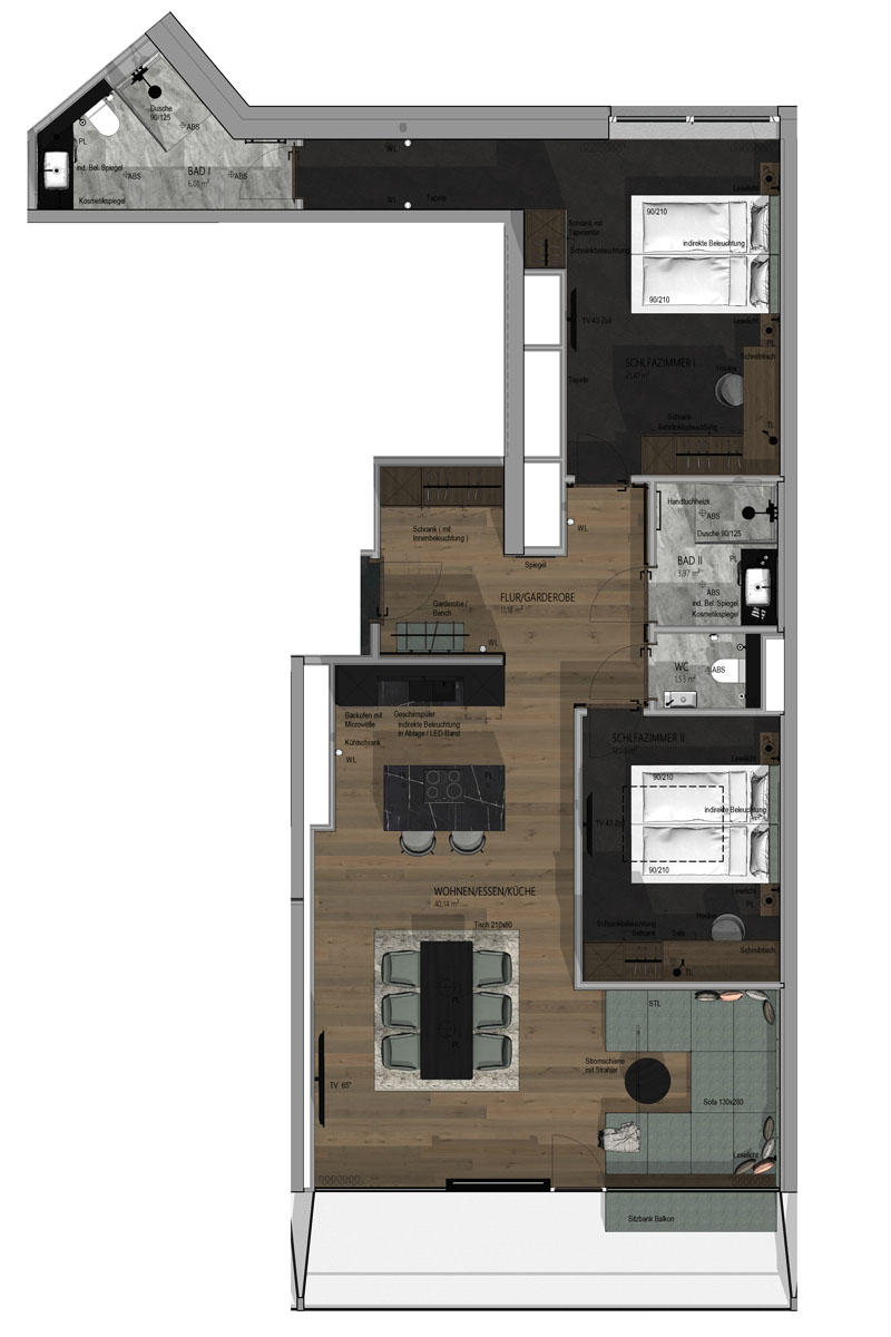 Floor plan of the 2 Bedroom Deluxe Suite “Hösskogel” at the Triforêt alpin.resort in Hinterstoder.