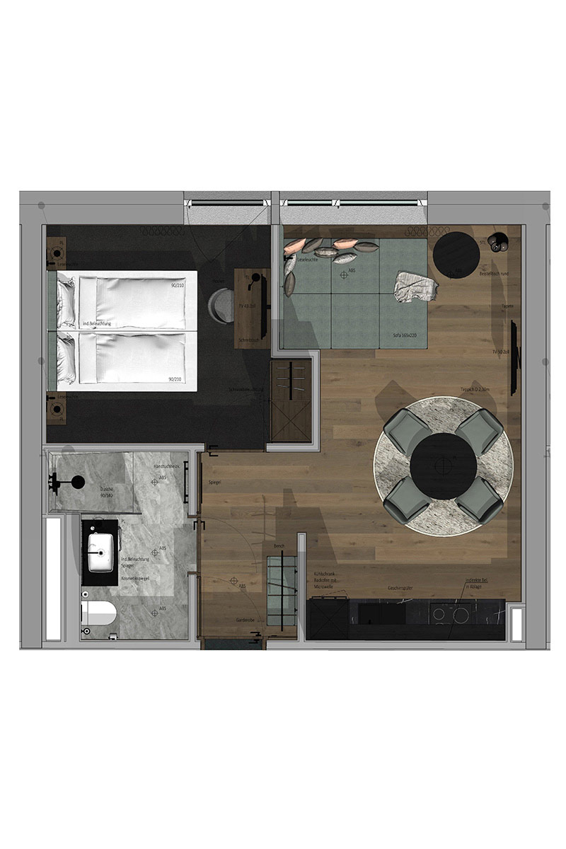 Grundriss der 1 Schlafzimmer Suite im TRIFORÊT alpin.resort in Hinterstoder mit Küche- und Wohnbereich, Bad und Schlafzimmer.