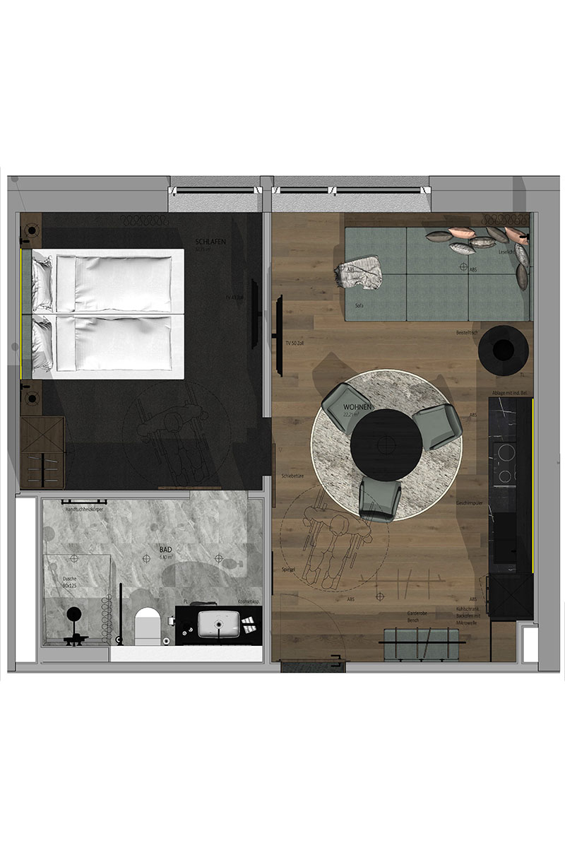 Raumplan der 1 Schlafzimmer Suite im TRIFORÊT alpin.resort in Hinterstoder mit seperatem Schlafbereich.