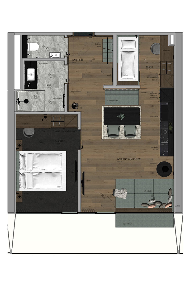 Floor plan and layout of the Family Suite “Schafkogel” at the TRIFORÊT alpin.resort with children’s room and kitchen.