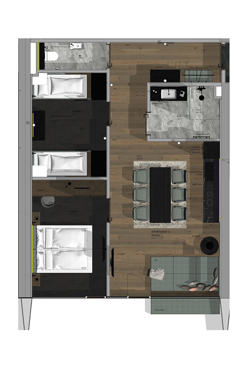 Floor plan of the Superior Family Suite “Schrocken” at the TRIFORÊT alpin.resort in Hinterstoder for up to 7 guests.