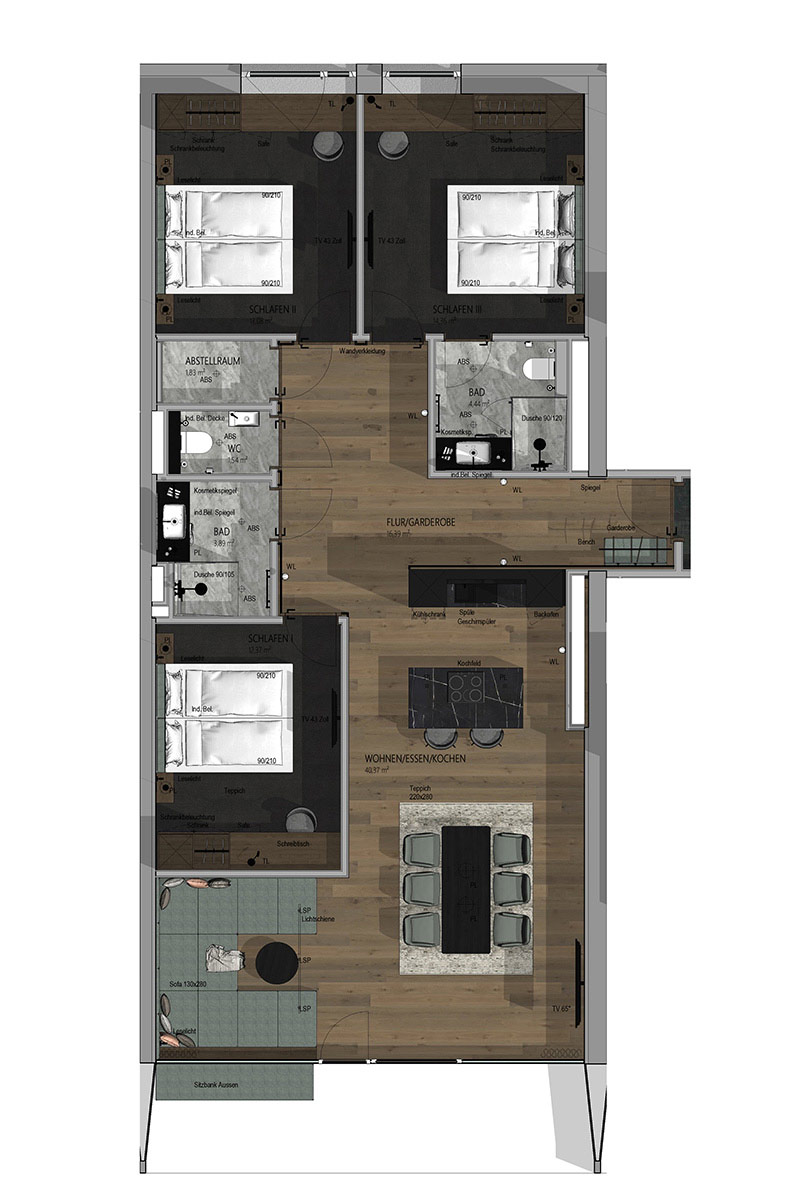 Floor plan and layout of the three-bedroom Deluxe Suite “Hösskogel” at the TRIFORÊT alpin.resort in Hinterstoder.