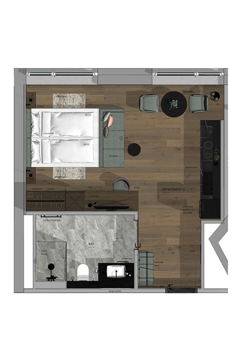 Floor plan of the Studio Appartement “Warschenek” at the TRIFORÊT alpin.resort in Hinterstoder.